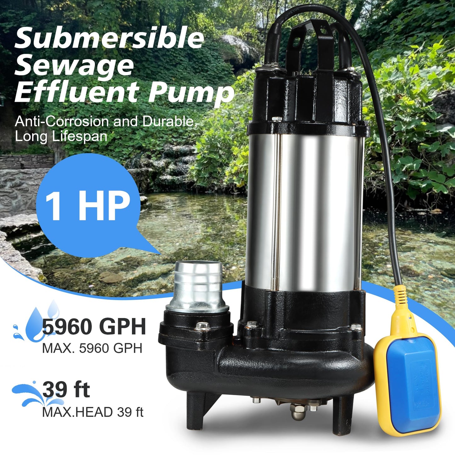 NLIEOPDA 1HP Sewage Grinder Sump Pump, Submersible Effluent Pumps 110V 6400 GPH Auto Float Switch, Cast Iron, 2'' NPT Discharge for Basement, Sump Basin, Residential Sewage
