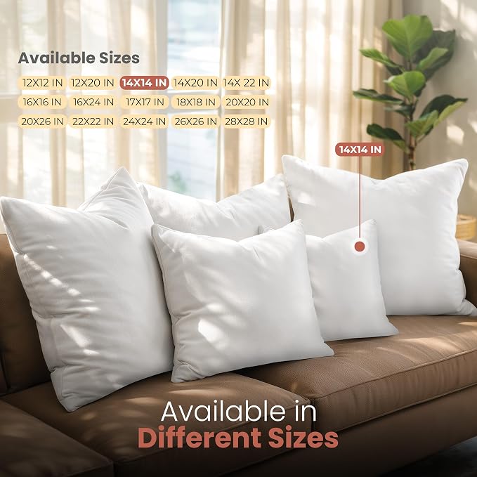Utopia Bedding 14x14 Pillow Inserts, Set of 2, White – Indoor Decorative Throw Pillows for Bed, Sofa & Couch – Soft, Supportive & Fluffy Cushion Inserts