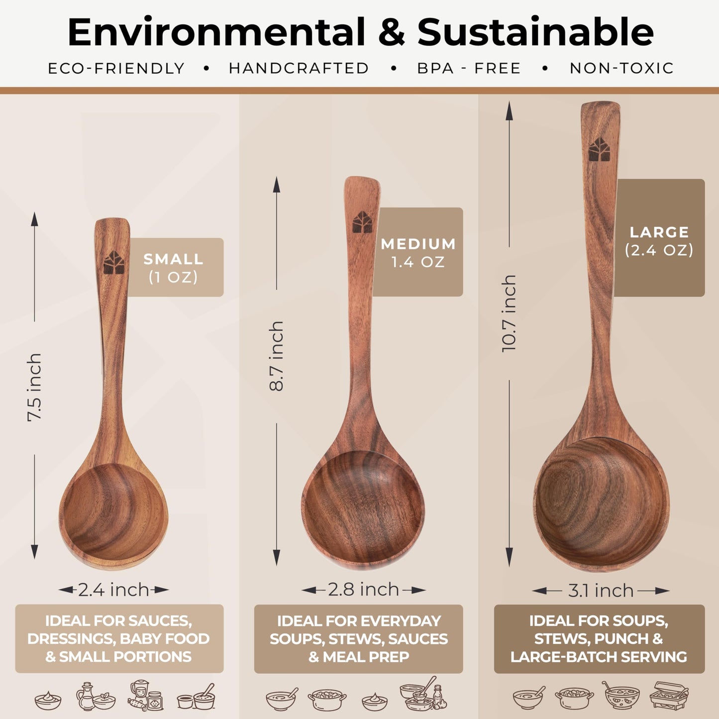 Wooden Ladle for Soup, 3 Size Teak Wood Ladle Spoon with Back Hooks for Pot & Bowl, Non-Stick Wooden Spoon Set for Cooking, Serving and Stirring