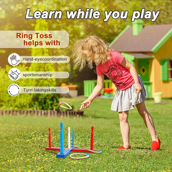 Wooden Ring Toss Game Set Includes Wood Base for Kids, Indoor & Outdoor Game for Family and Adults