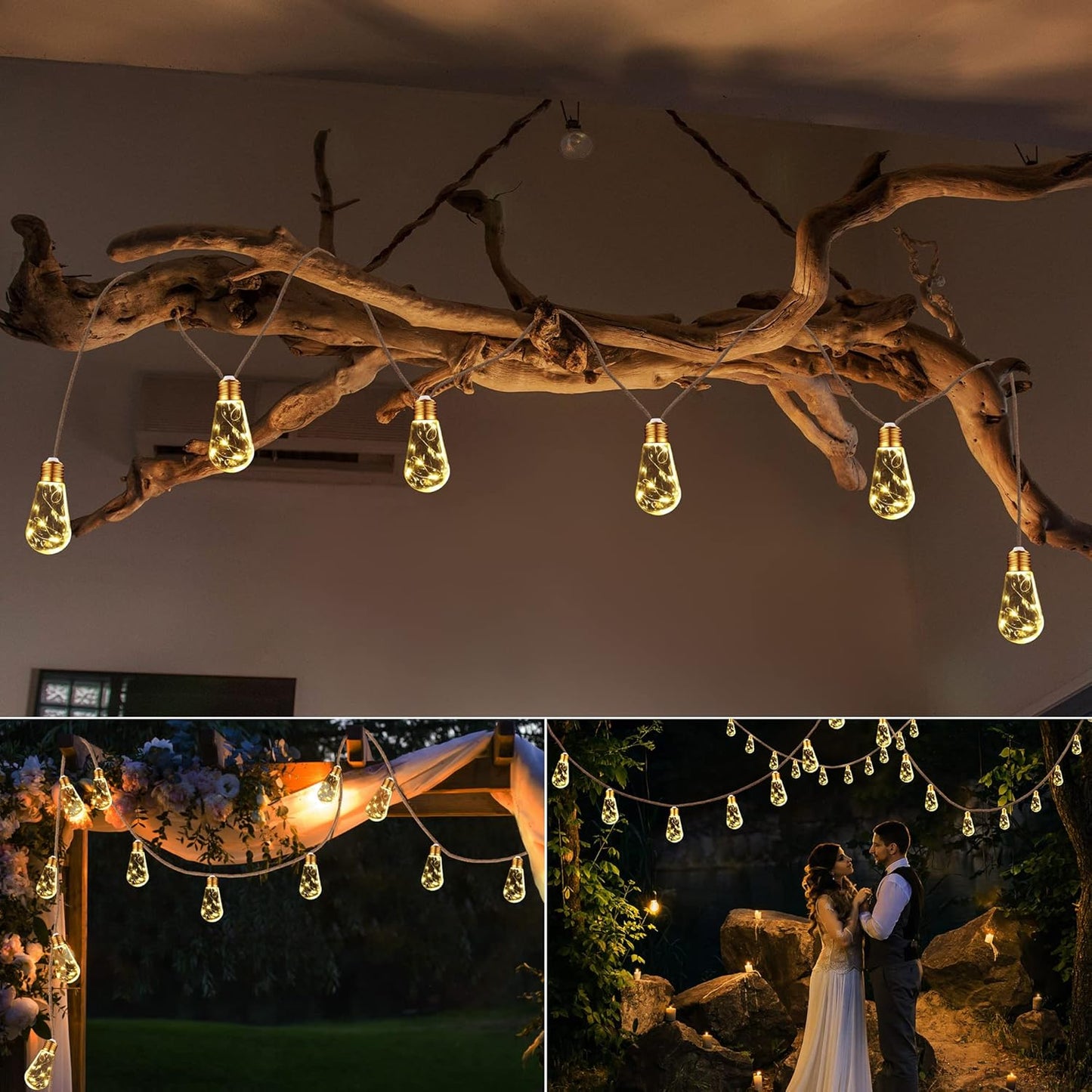 Skiennix Solar Outdoor String Lights - 20Ft Vintage Rope Hemp | Waterproof Warm White with 8 Modes & 16 Shatterproof Bulbs