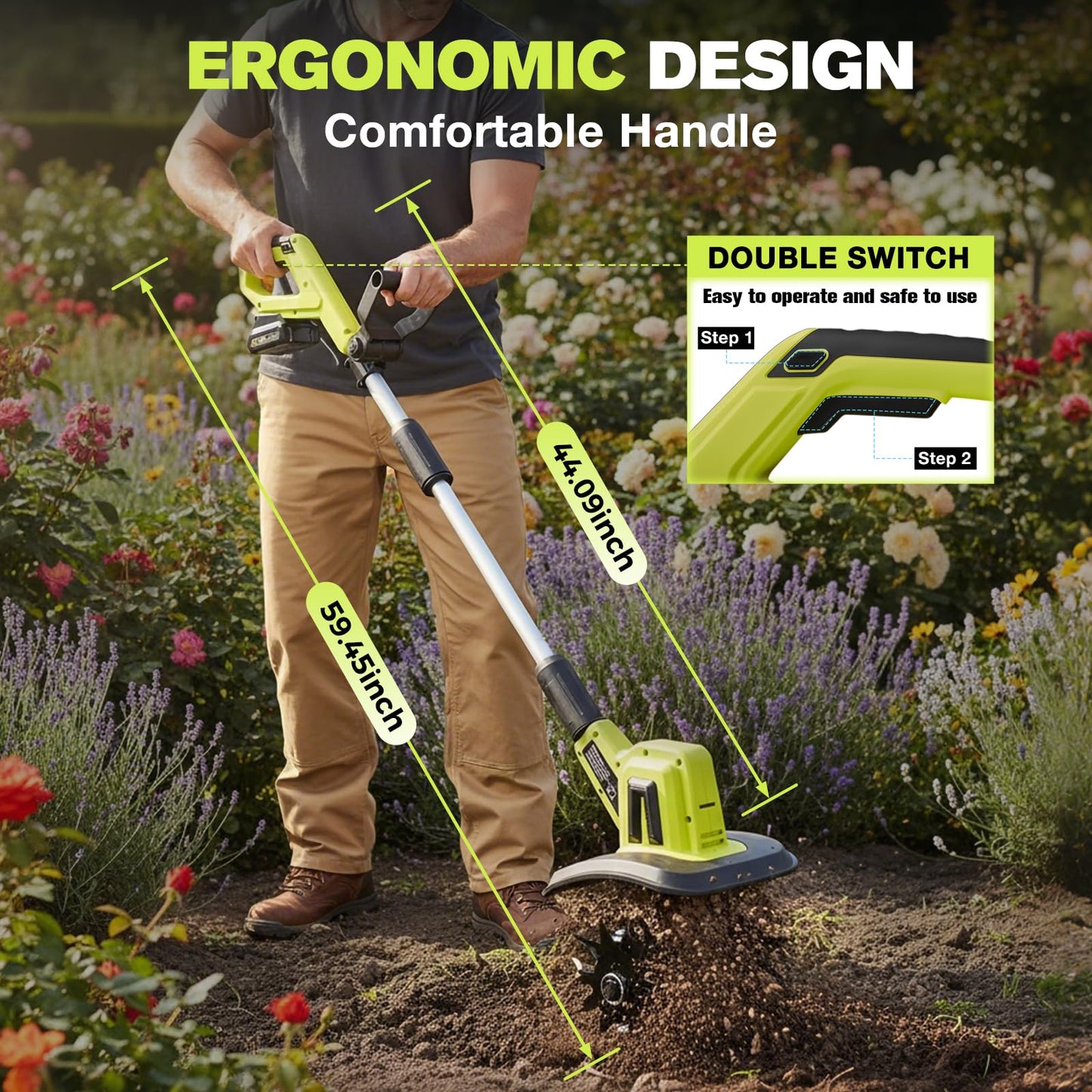 Saker 22V Cordless Electric Garden Tiller Cultivator, Lightweight Rototiller for Gardening, 9-Inch Tilling Width, 6.3-Inch Depth for Soil Preparation, Weeding, and Gardening 2 Batteries SK-TC18B