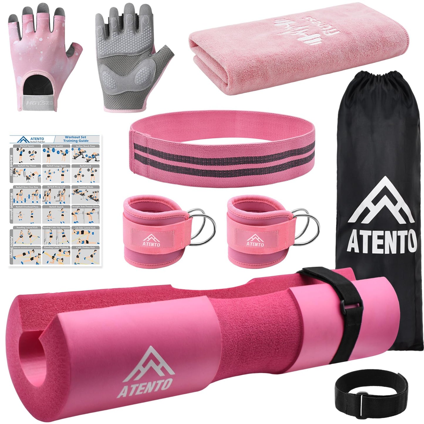 ATENTO 9Pcs Barbell Pad Set for Hip Thrusts, Thick Cushion Hip Thrust Pad for Relief Pressure from Neck Shoulder, Squat Pad Fits Standard Olympic Bars & Smith Machine, Weight Bar Pad for Bench Press, Lunges, Workout, Leg Exercise- Gym Accessories with Ank