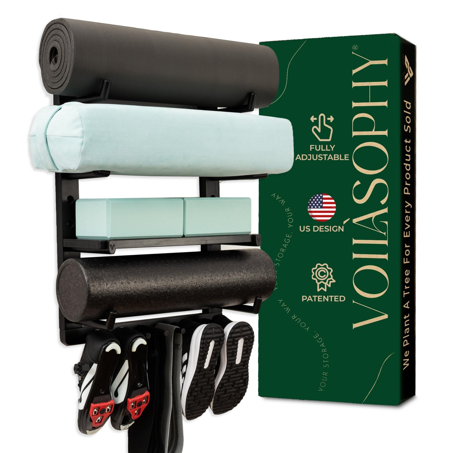 Yoga Mat Holder Wall Mount Home Gym Storage Organizer - Fully Adjustable, All Wood, Crafted Yoga Mat Rack Gym Shelf for Workout Equipment Storage. Unique Yoga Gift for Wall Yoga Storage, Plant a Tree!