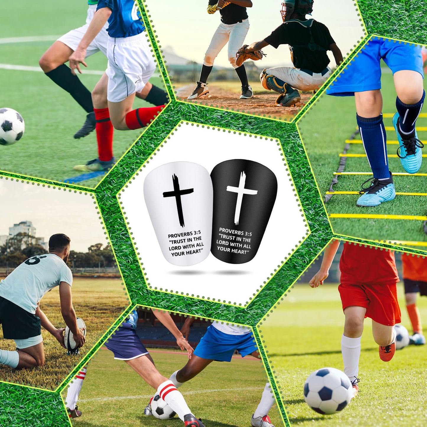 PullCrease 2 Pairs Mini Soccer Shin Guards Christian Faith Cross Small Shin Guards with Bible Verse Religious Soccer Football Pads for Kids Adult(Black, White,3.15 x 1.97 Inches,Proverbs 3:5)