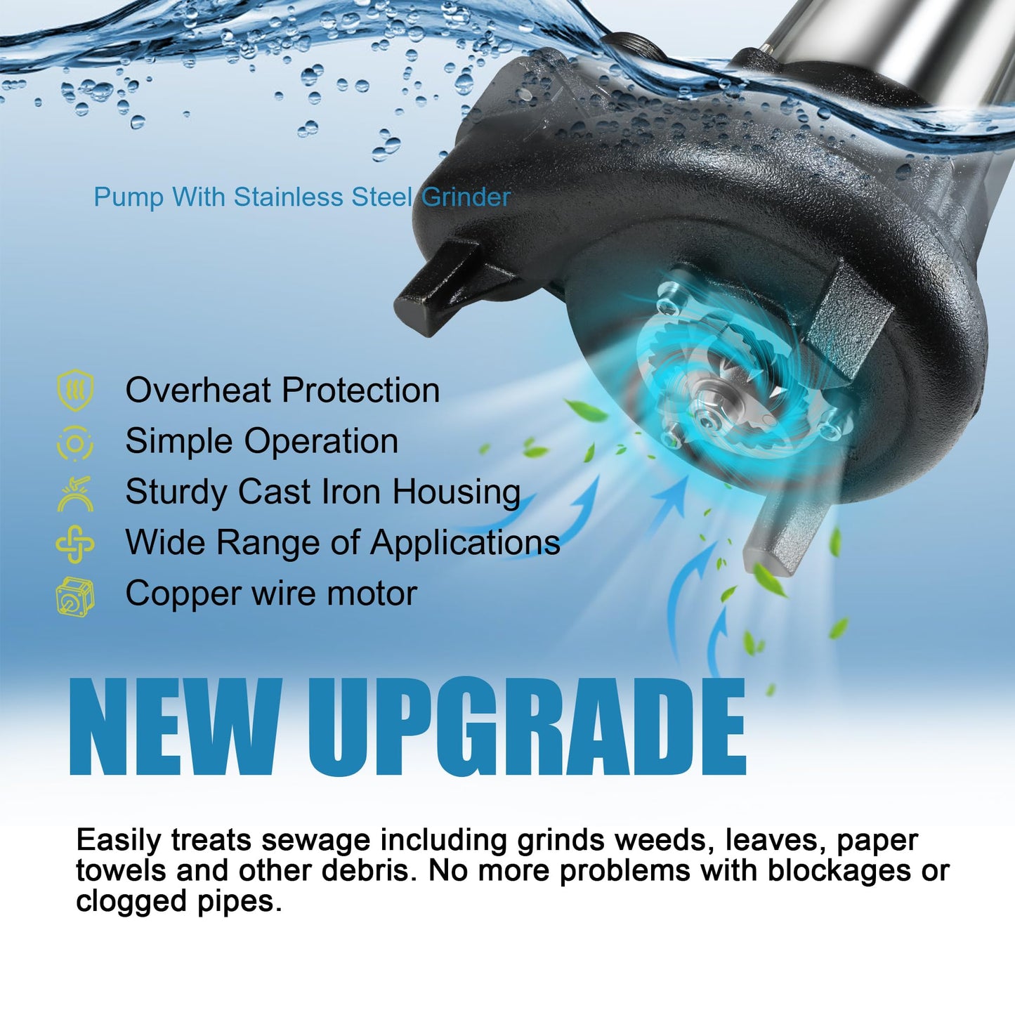 Sewage Grinder Pump, 1HP Submersible Sump Pump, 110V 6400GPH Stainless Steel Effluent Pumps with Automatic Float Switch, 2'' NPT Discharge for Basement, Sump Basin, Sewage Well