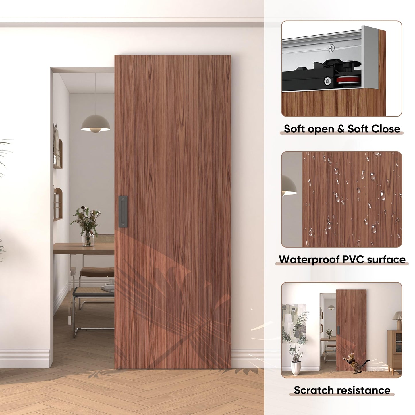 JUBEST 40"x86" Concealed Sliding Barn Door with Soft Close Hardware Kit, Brown Hidden Door for Opening 32"-36"x84", Waterproof and Modern, Smooth Sliding, for Interior Using, Widely Used