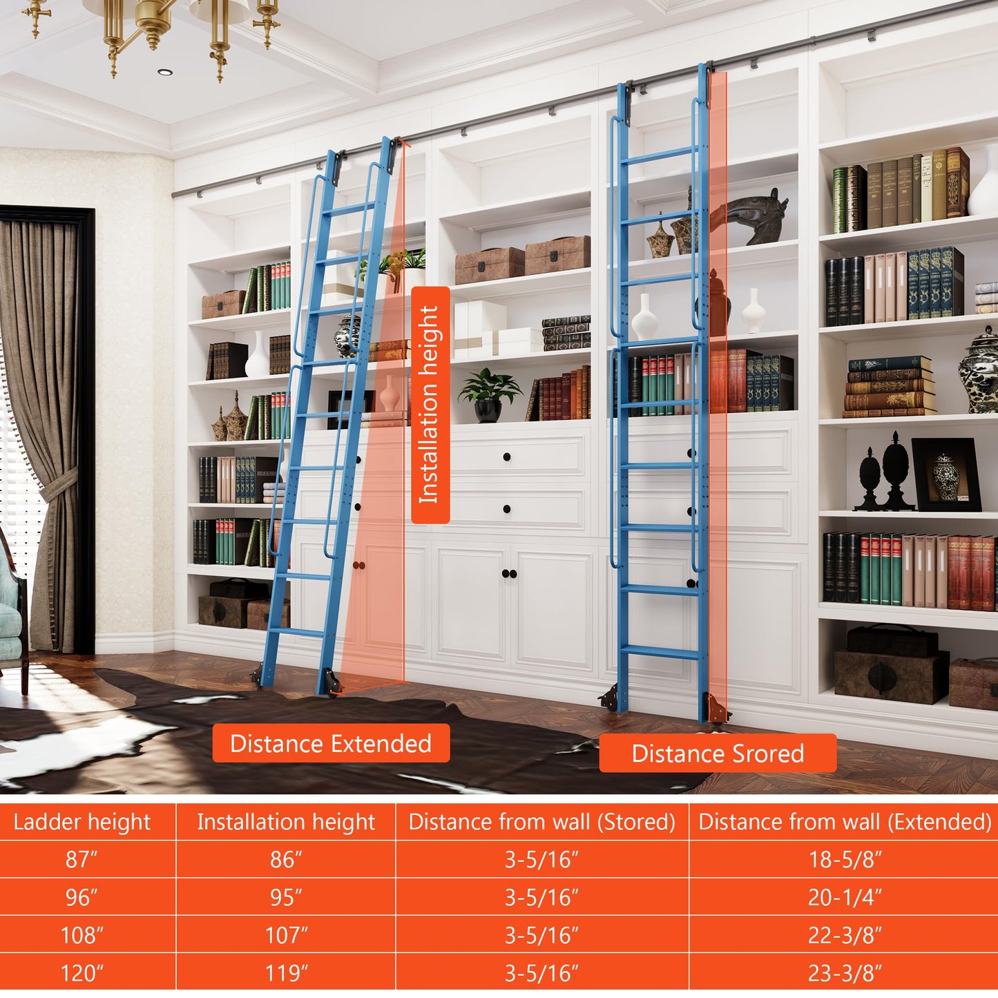 DIYHD 87" Lightweight Sliding Library Ladder with Handrail, Rolling Bookshelf Ladder with 4FT Rail System, Telescopic Top Hook, Upright Space-Saving Storage Design, 7 Steps, 300 Pound Capacity, Blue