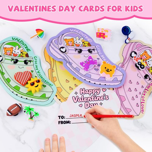 FloraSea Valentines Day Cards for Kids School Classroom, 30pcs Valentine's Cards with 60 Shoe Charms for Boys & Girls, Valentine Classroom Exchange Gift Party Favors