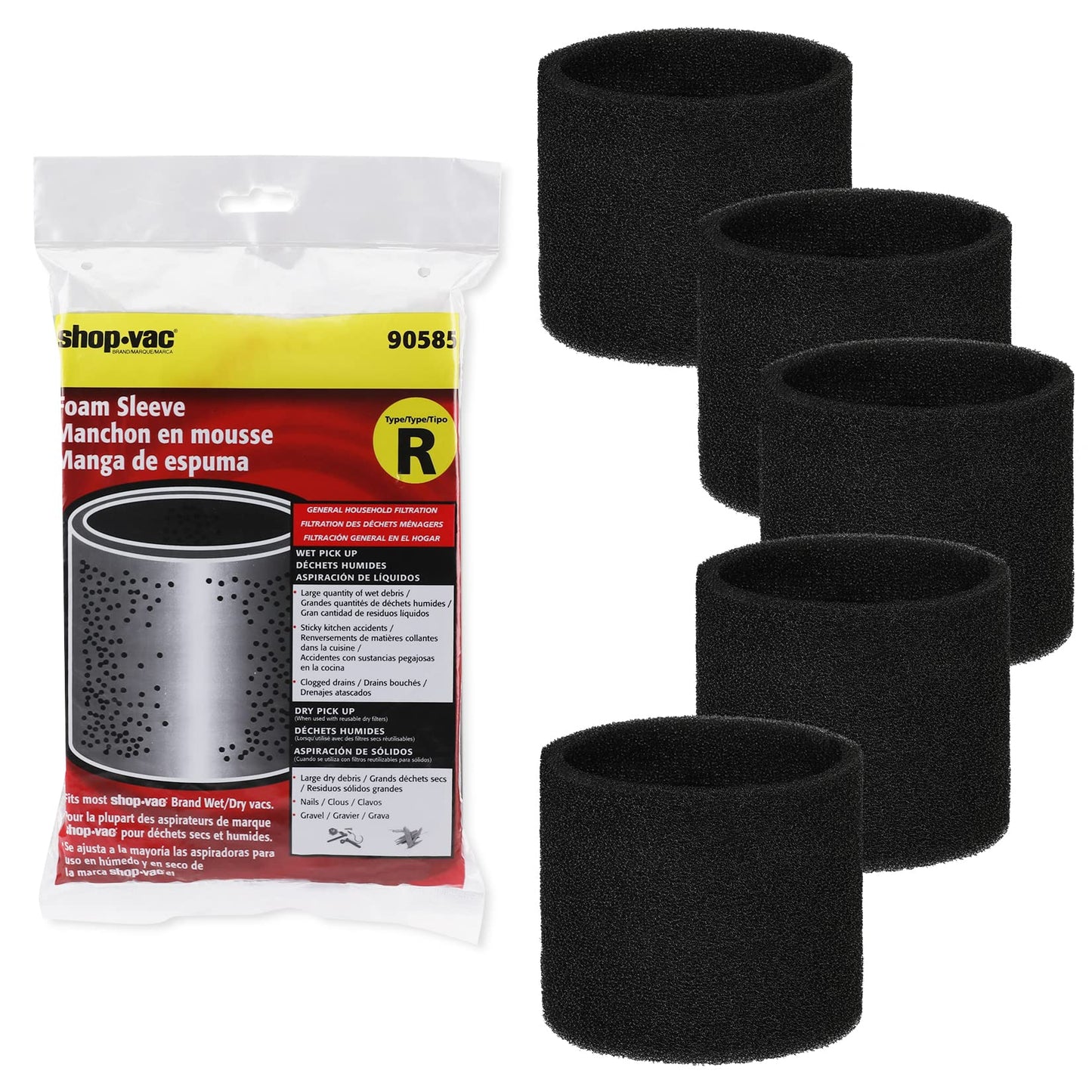 Shop-Vac 5989400 8 Gallon 6.0 Peak HP Wet/Dry Vacuum + 90585 Foam Sleeve Filter 5 Pack