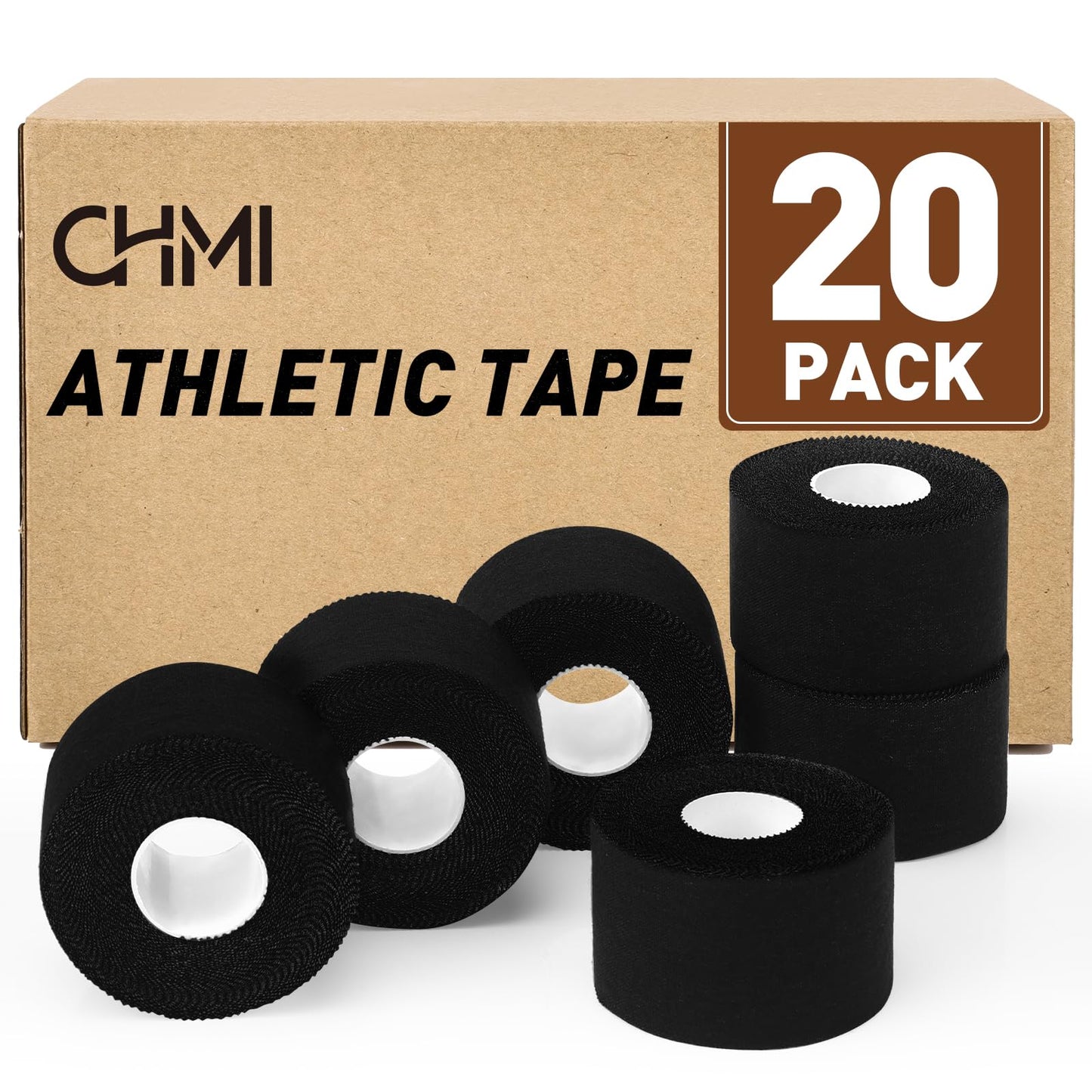 CHMI Athletic Tape,Black Sports Tape (20 Pack), 200 Yards Rolls Very Strong Easy Tear NO Sticky Residue Best Tape for Gymnastics Climbing Bat Injuries Medical (1.5 Inch X 200 Yards).