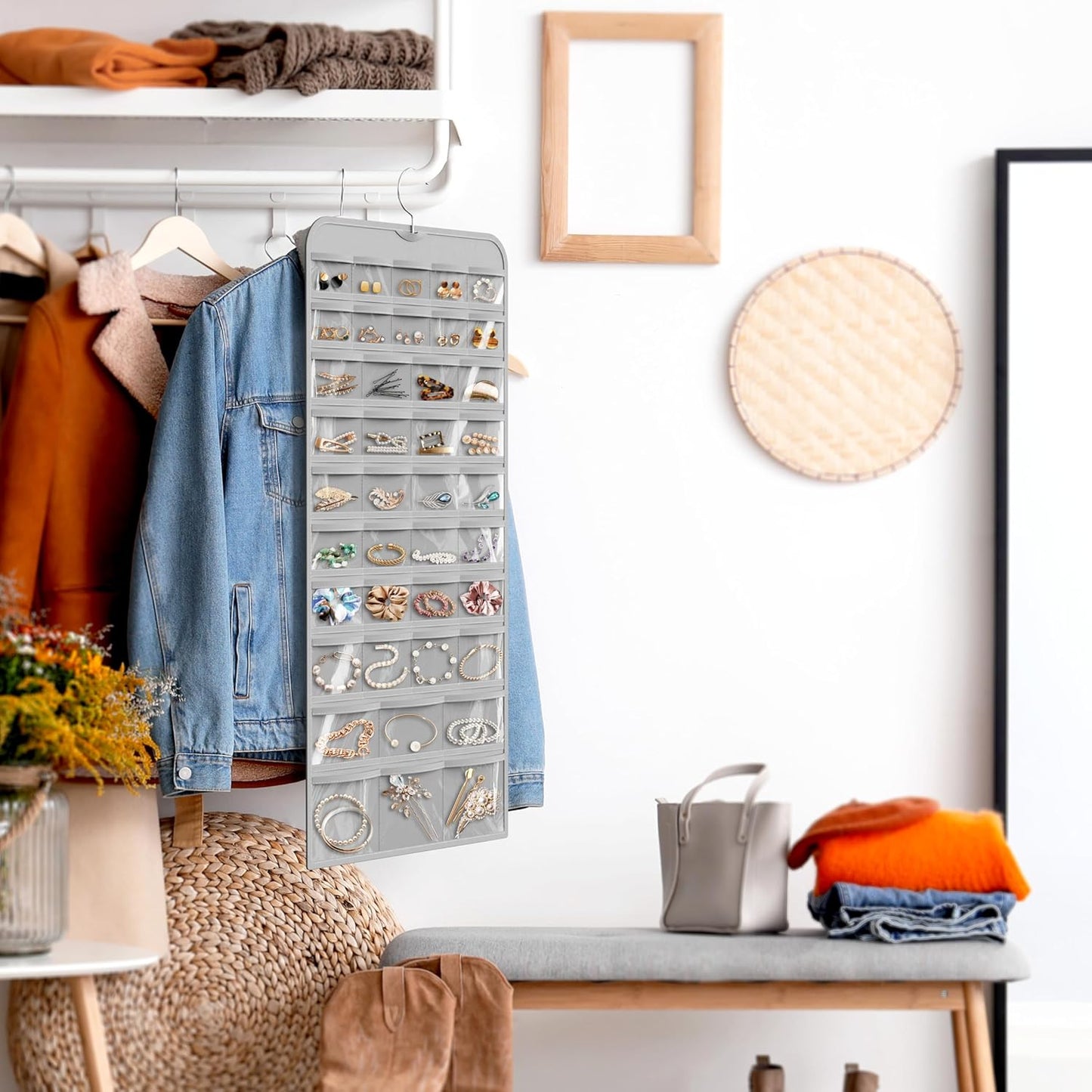 Simple Houseware Jewelry Organizer - 80-Pocket Hanging Storage for All Accessories | Gray