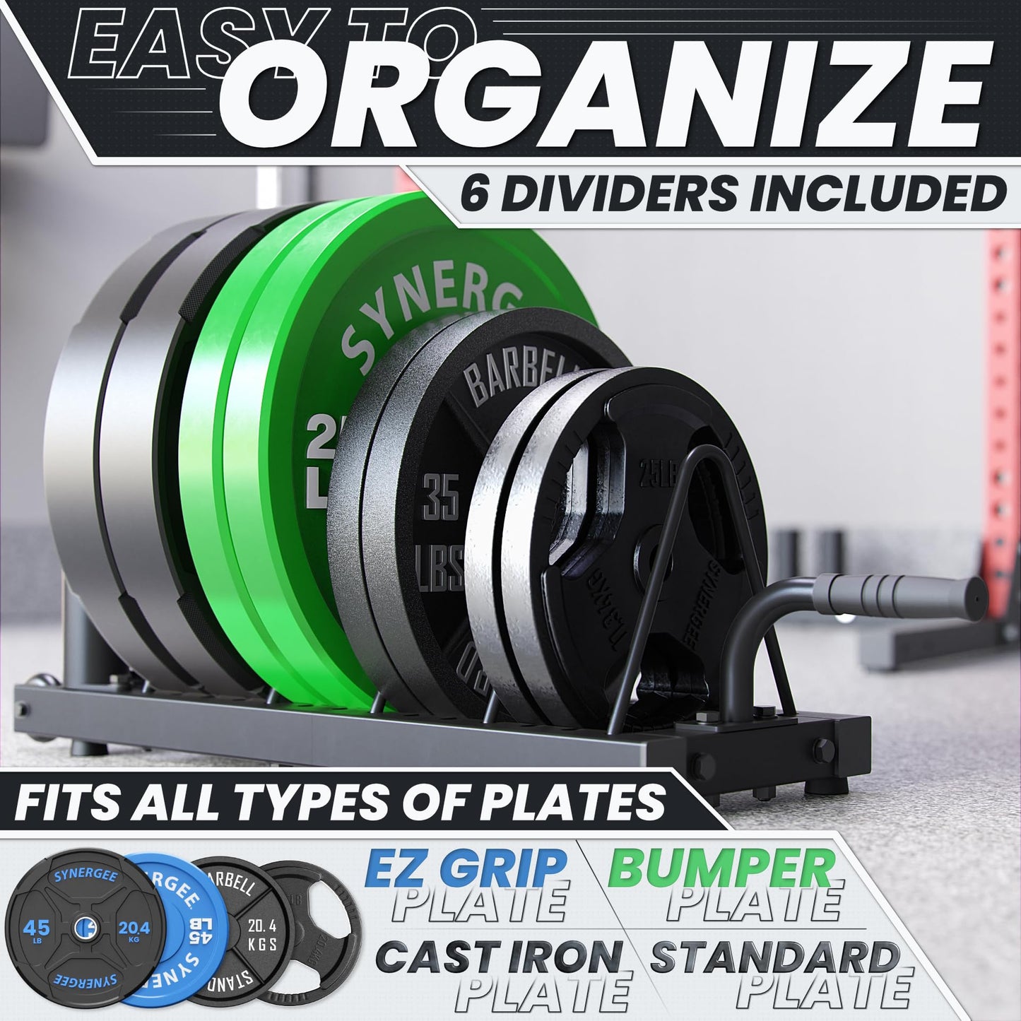 Synergee Horizontal Plate Storage Rack with Barbell Holders – Interchangeable Dividers, 350 lb Capacity, Fits Bumper & Cast Iron Plates, Wheels for Easy Mobility