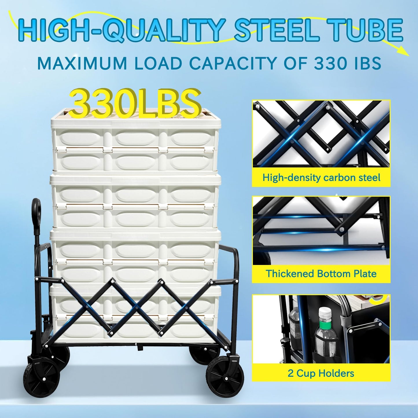 Collapsible Wagon with Wheels, 330 lbs Wagons Carts Foldable Wagon Cart, Carbon Steel Frame Structure, Lightweight Portable Folding Utility Grocery Shopping Cart for Grocery Sports Garden Camping