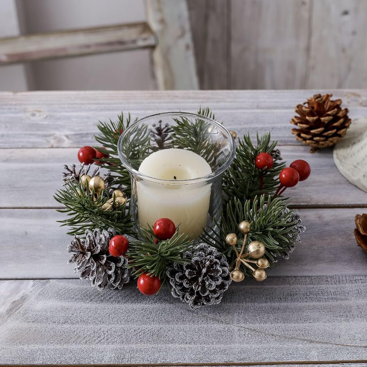 Skiennix Christmas Candle Rings - Elegant Gold & Red Floral Wreaths with Pinecones | Set of 2