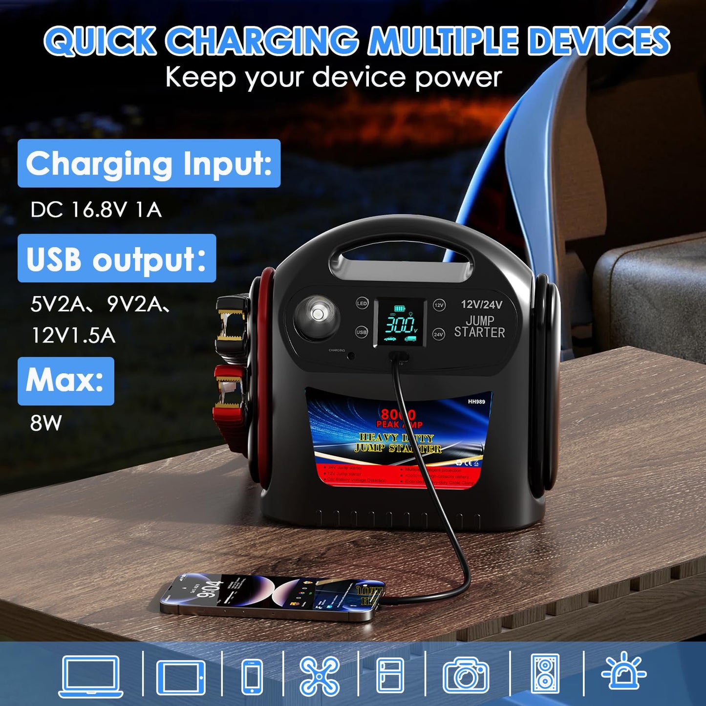 8000A 12V/24V Jump Starter for Large Gas & Diesel Engines, Heavy-Duty Portable Battery Booster Pack for Trucks, RVs & Commercial Vehicles with Force Start, Digital Display, LED Light & USB Charging