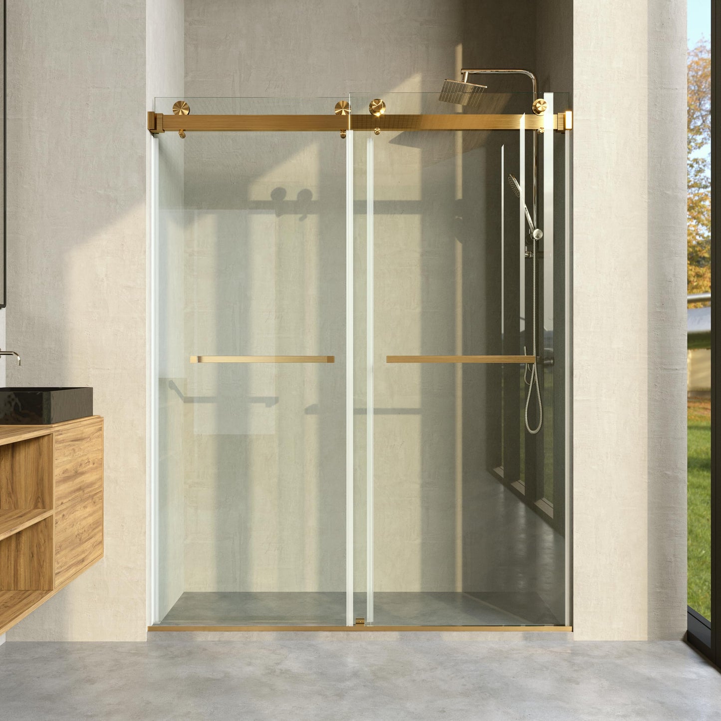CRISSENSSI Frameless Shower Door, 68"-72" Wide, 76" high, 3/8" (10mm) Clear Tempered Glass with Towel bar, Double Sliding Door, Brushed Gold Finish DS01