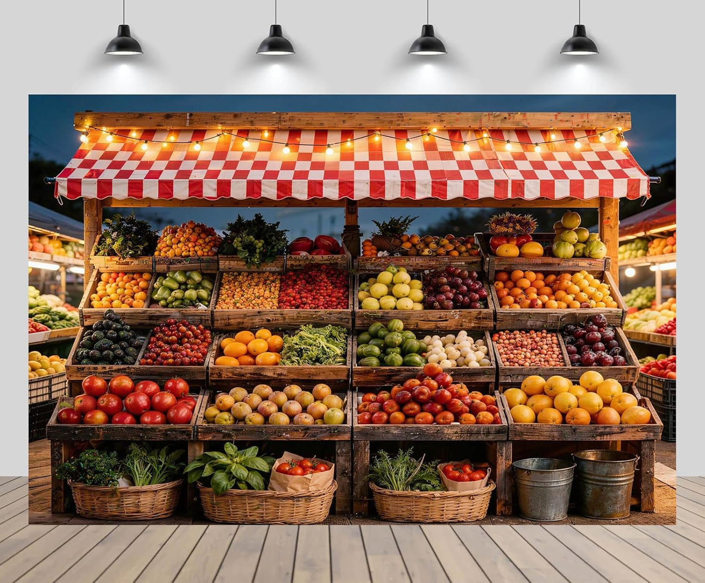 CHNYWORK 8x8ft Farmers Market Fruit Stall Photography Backdrop Red White Checkered Awning Fresh Produce Wooden Crates