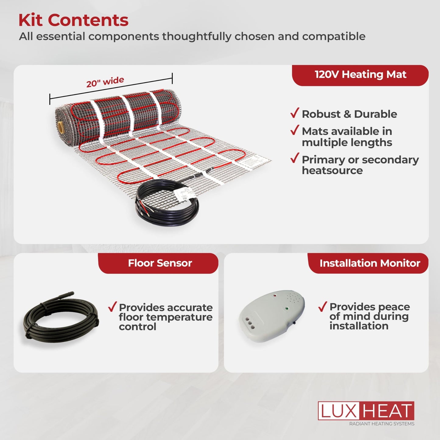 LuxHeat 60sqft Floor Heating Mat Kit - 120v Electric Radiant Flooring Heating System - Easy to Install Heated Flooring System w/Self-Adhesive Mesh Includes Monitor & Sensor - Excludes Thermostat
