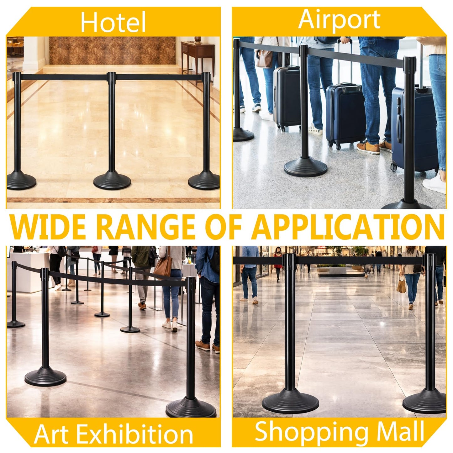 6PACK BESEA Crowd Control Stanchions Set Heavy Duty Crowd Control Barriers with 10' FEET Black Retractable Belt, Rubber Base(6PACK)