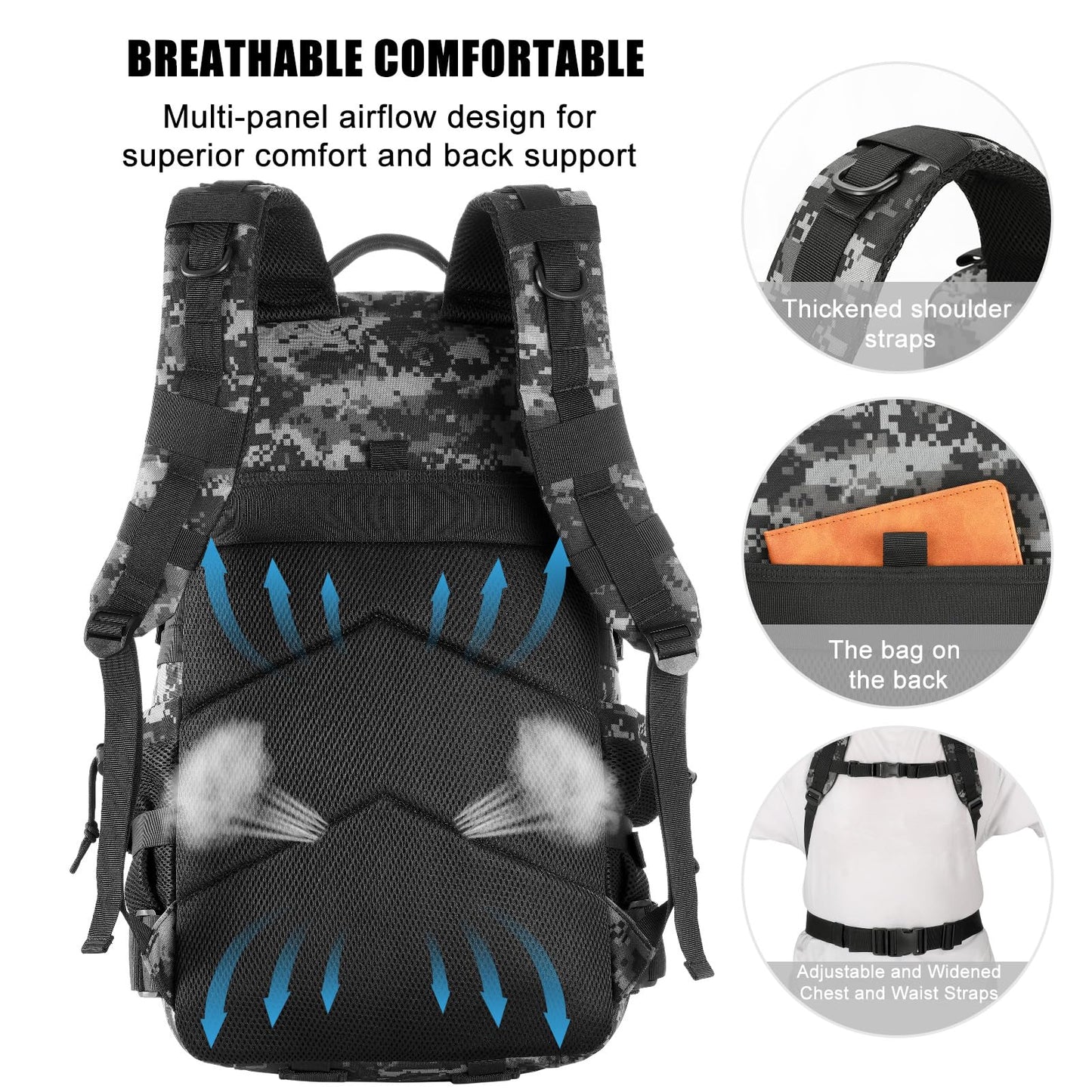 kookoomia Military Tactical Backpack 25L Day Backpack for Men Molle Army 3 Days Assault Pack Bug Out Bag Water Resistant and Heavy Duty Hiking Treeking Rucksack - Black Digital Camo