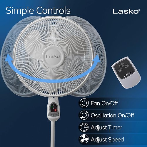 Lasko 16-Inch Oscillating Pedestal Stand Fan - Adjustable Height, Timer & Remote Control | White