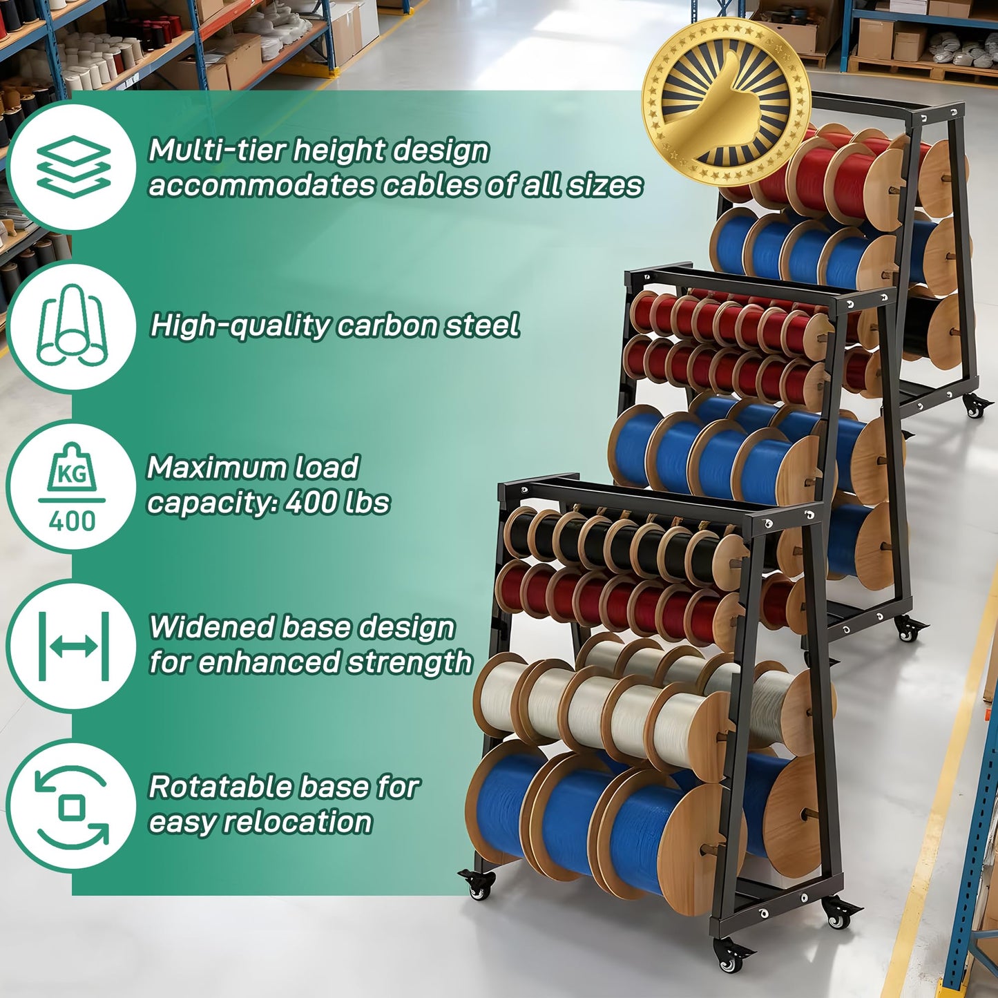 Ustinian Wire Spool Rack, Cable Organizer and Reel with Locking Wheels,Equipped with an adjustable spindle rod, For Electrical and Industrial Use, Holds up to 12 spool rods, 400 pound weight capacity