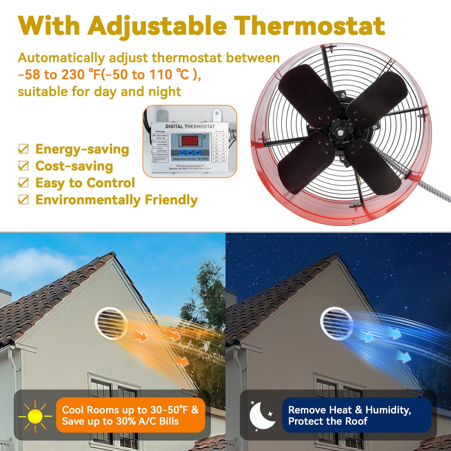 15" Gable Attic Fan with Thermostat, 1650CFM Plug-and-Play Attic Gable Vent Fan with Start Capacitor for 2500 sq.ft, Quiet Attic Exhaust Fan with Thermostat & 20FT Power Cord for House Garage Shed