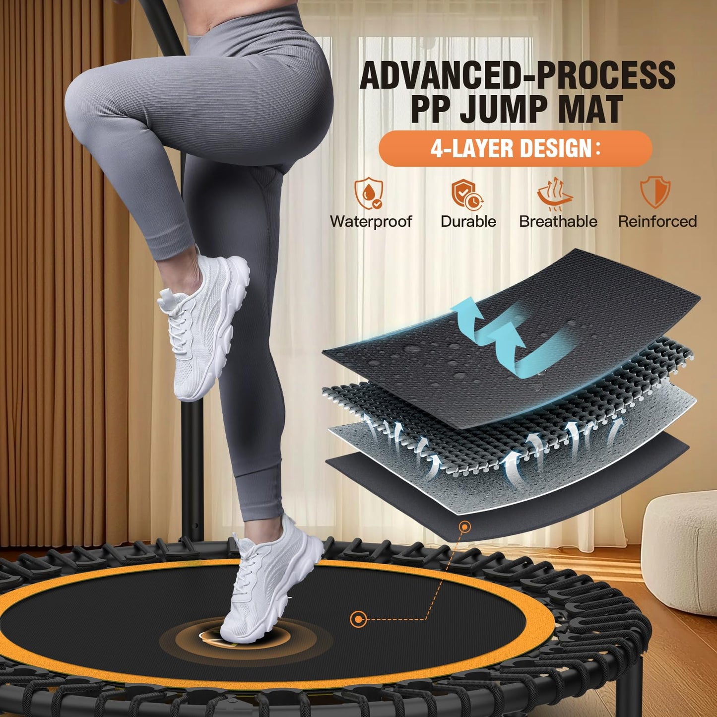 ANCHEER 48" Foldable Mini Trampolines - Max Load 350lbs - 450lbs Indoor Exercise Equipment - with 4 Level Adjustable Foam Handle and Resistance Bands - Adult Exercise Rebounder Trampolines for Home