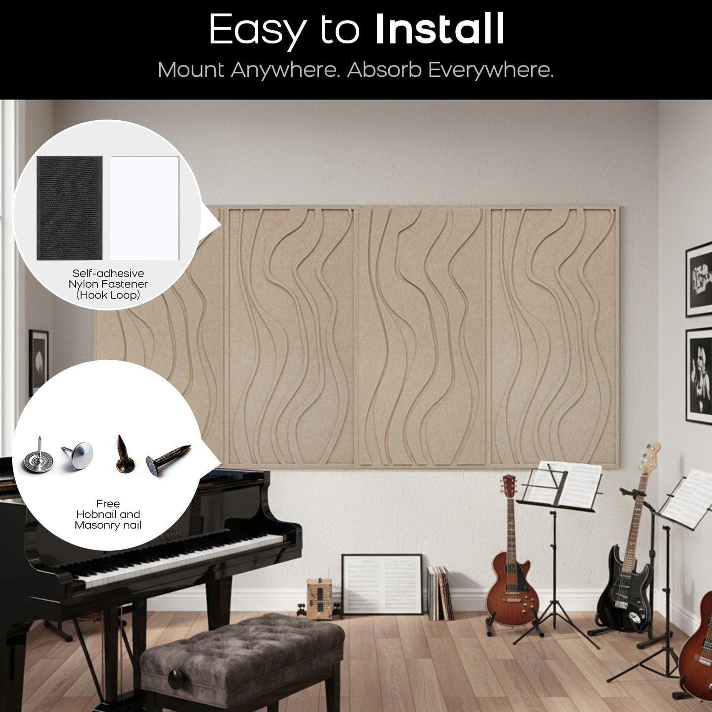 BUBOS 4 Pack Large Acoustic Panels, Total-Size 47.2 x 23.6 Inches Soundproof Wall Panels, Decorative Sound Panels, Self-Adhesive Acoustic Wall Panels for Recording Studio, Home&Office (Camel, 4 Pack)