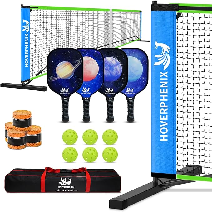 Hoverphenix Pickleball Net for Driveway, 22FT Regulation Size Pickleball Net with Paddles Set of 4, Pickleballs and Carry Bag for Outdoor Indoor Game