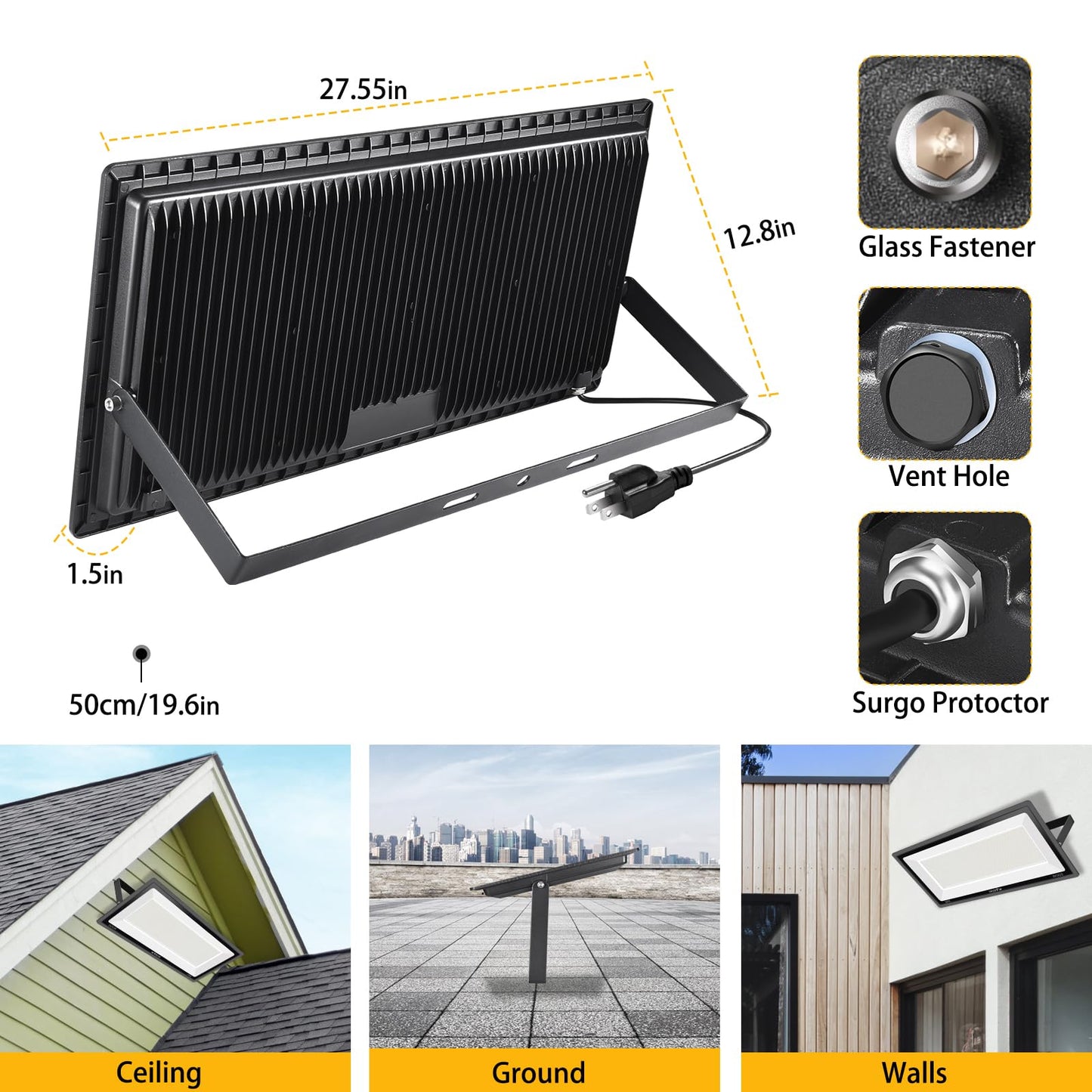 YANYCN 2 Pack 1000W LED Flood Light Outdoor,4250W Equivalent Super Bright 99500LM 5000K Daylight White FloodLight with Plug,IP66 Waterproof Commercial Lighting for Sports Fields,Counts,Arena,Stadium