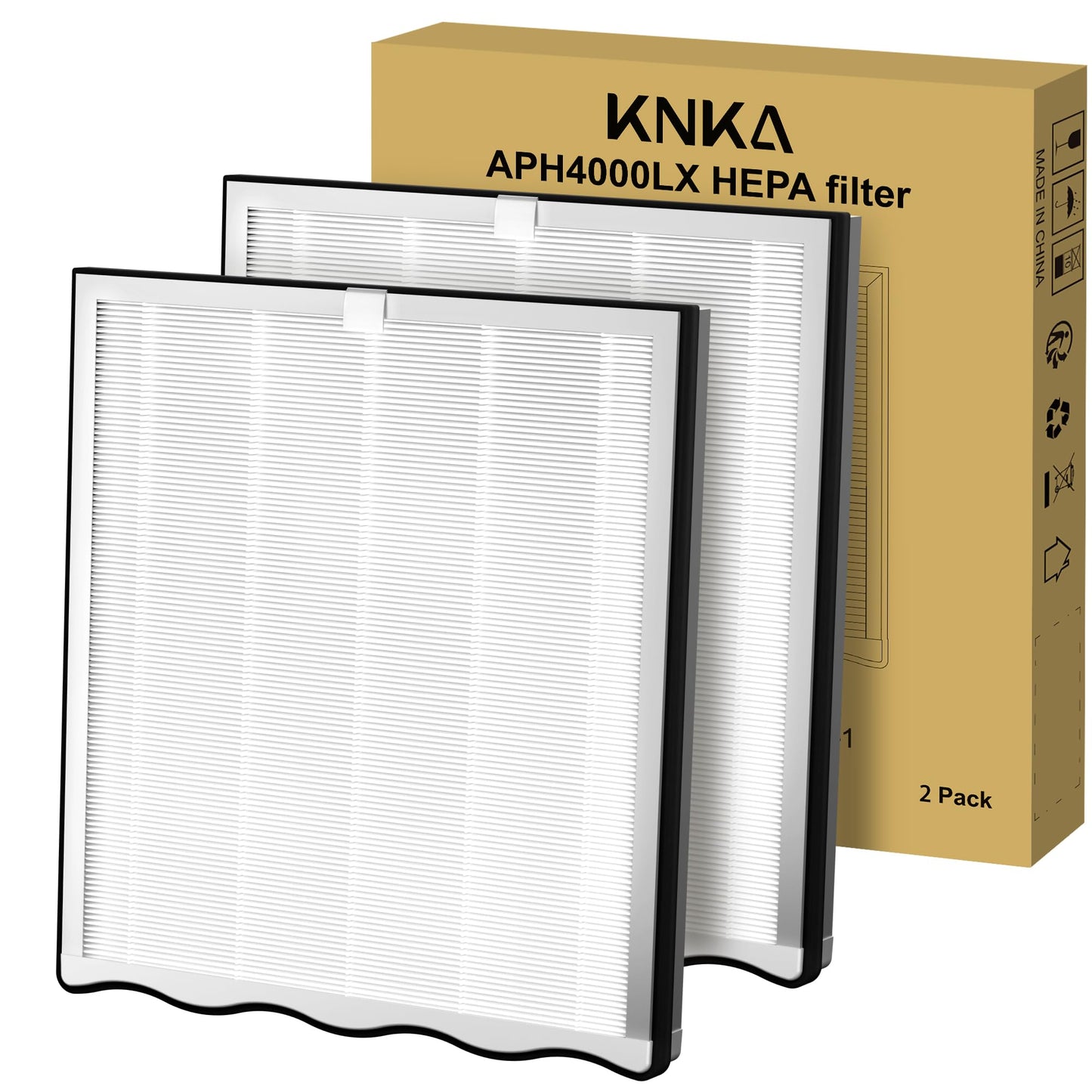 KNKA Genuine Air Purifier Replacement Filter for APH4000, 2-Pack HEPA & Activated Carbon Filters, Captures Allergens, Odors, Dust & Pollen, Standard Filter – White
