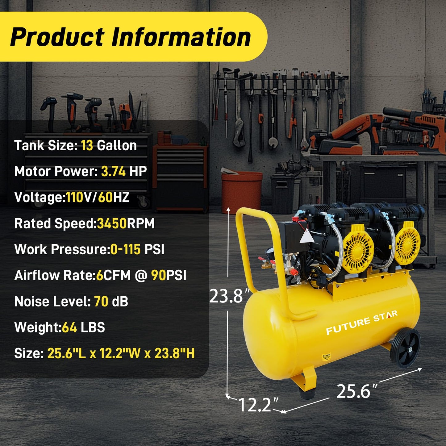 WIILAYOK 13 Gallon Air Compressor, 3.7HP 6CFM 115PSI, Portable Air Compressor for Inflation, Car Repair, Spray Painting, Woodwork Nailing