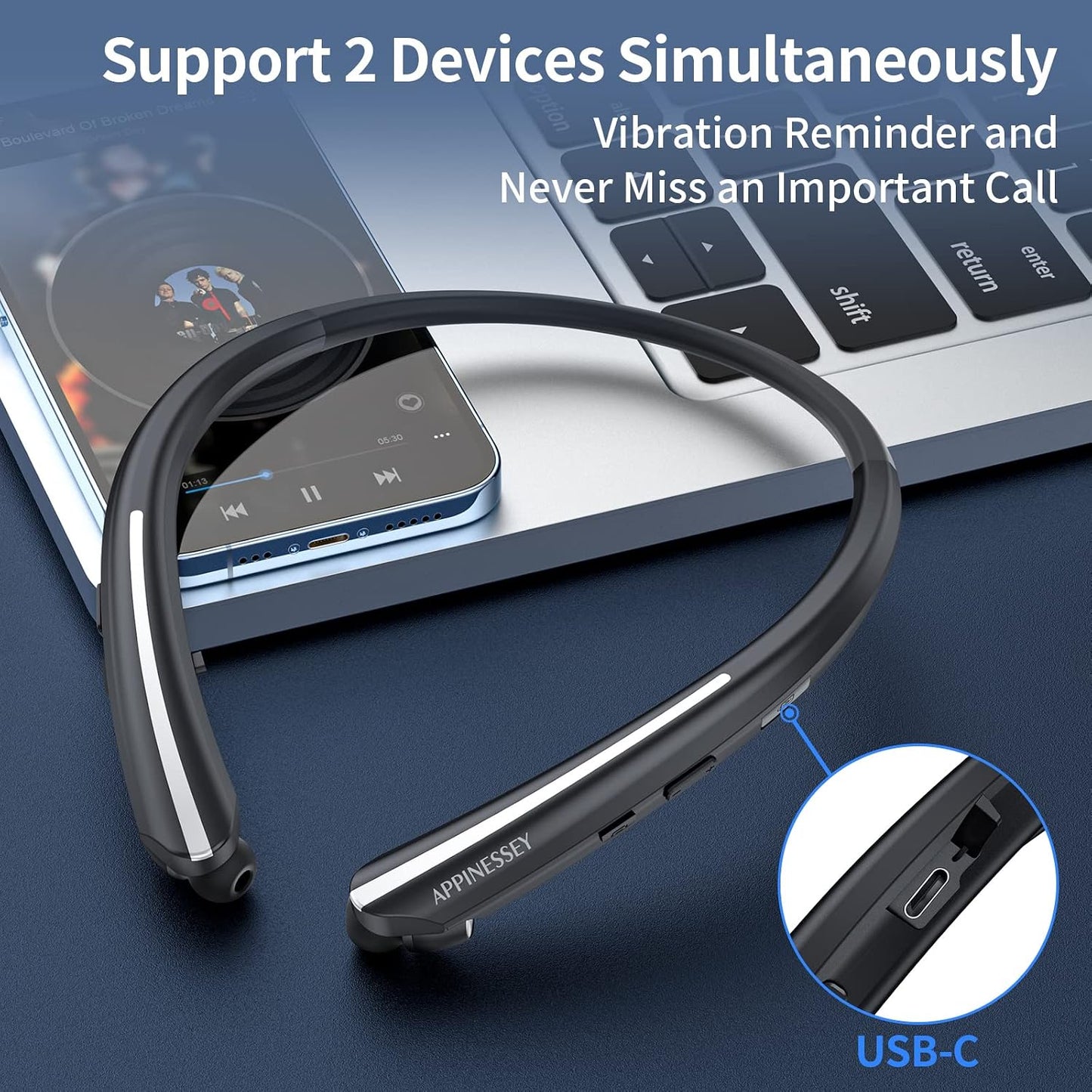 APPINESSEY Headset Bluetooth Headphones Retractable Neckband, Bluetooth with Microphone Vibration Call, Stereo Noise