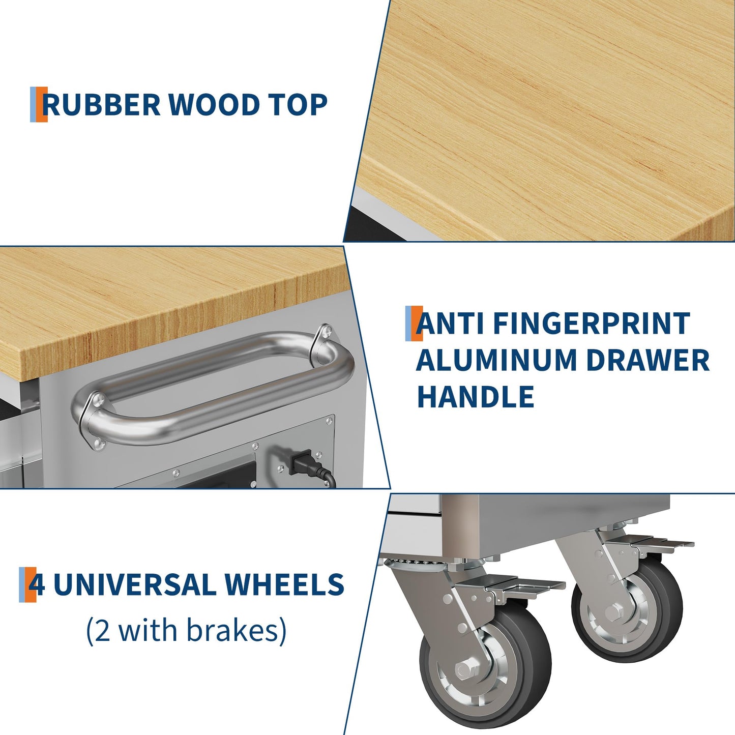 PeakPursuit 61" Rolling Tool Chest with 9 Drawers, Solid Rubber Wood Workbench Top, Locking Wheels & Key Lock, Mobile Garage Tool Cabinet for Workshop Storage & Organization, Silver