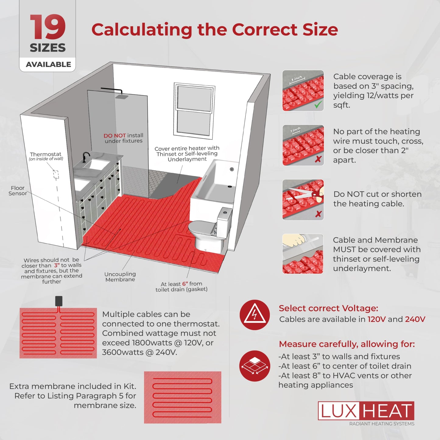 LuxHeat 20sqft Electric Radiant Floor Heating System - 120v Heated Tile Floor Kit - Includes UDG4 Programmable Thermostat w/GFCI, Heating Cable, Uncoupling Membrane, Flooring Sensor & Alarm