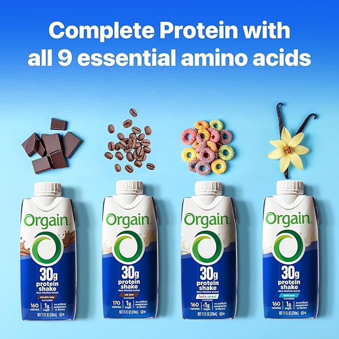 Orgain 30g High Protein Shake, Dairy Isolate Milk Protein, Fruity Cereal, 5g BCAAs, <1g Sugar Per Serving, Meal Replacement, Ready to Drink, Keto Friendly, Gluten-Free 11 Fl Oz (Pack of 12)