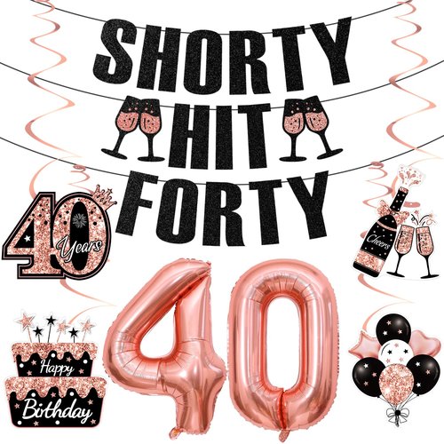 40th Birthday Decorations for Women, Black Rose Gold Happy 40th Birthday Banner Pre-Strung Shorty Hit Forty Banner Funny 40 Foil Balloons Cheers to 40 Hanging Swirls Party Supplies Sign 8PCS