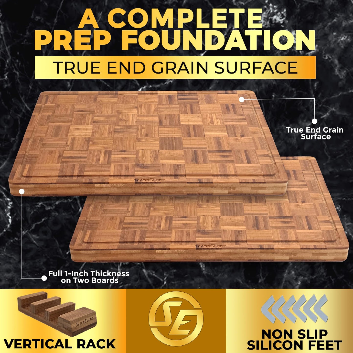 SliceElite Extra Large Bamboo Cutting Board Set 3 Piece End Grain Wooden Chopping Boards with Holder Non Slip Feet Juice Groove XL Butcher Block Style Boards for Kitchen Carving and Serving