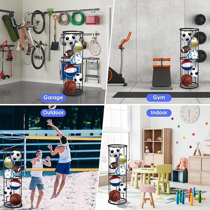 Garage Ball Storage Rack - Wall-Mounted Vertical Ball Holder for Basketball, Soccer, Volleyball, Football - Space-Saving Sports Organizer for Garage, Home, Basement, Kids' Room, Outdoor Use