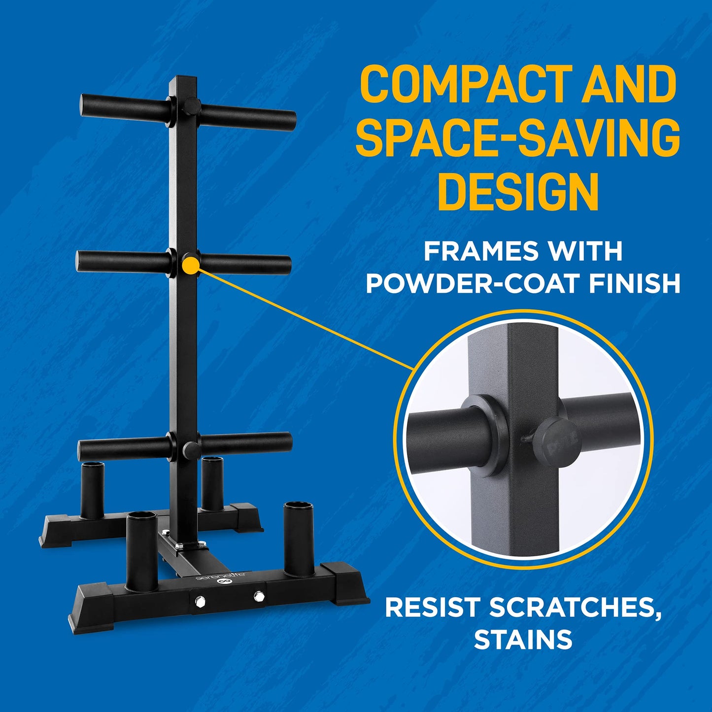 SereneLife 6-Pegs Olympic Weight Plate Rack & 4 Barbells - 800 Pounds Capacity, Heavy Duty Gym Organizer, Scratch Resistant Frame, Powder-Coat Finish, Easy to Assemble, Compact & Space-Saving