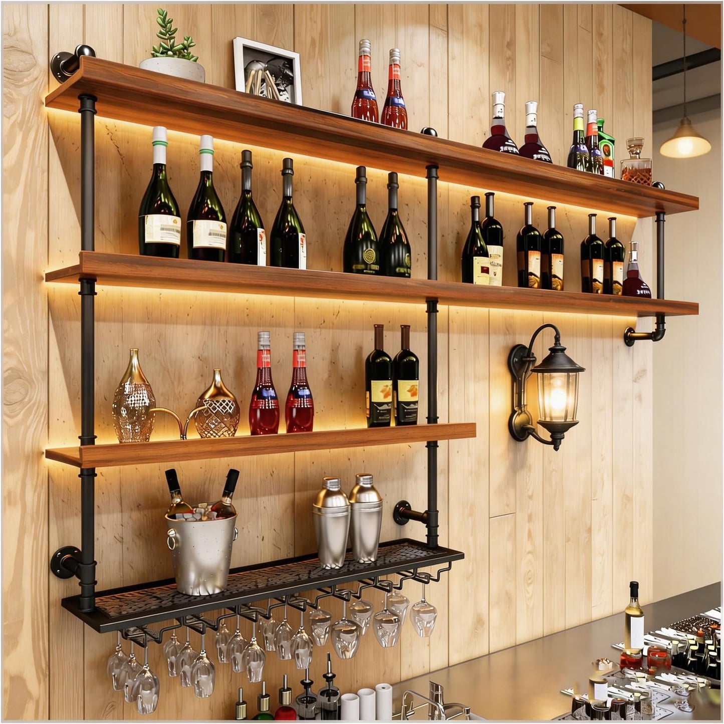 Solid Wood Wall Mounted Wine Rack, Large Wine Rack with LED Light, 4 Tiers Liquor Bottles Floating Shelves with Glass Holder, Industrial Bar Shelves for Home Bar Dining Room(78.7 in/ 200CM)