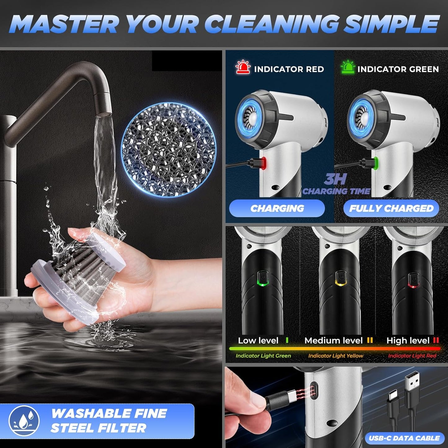 Saker Handheld Car Vacuum - Portable Cordless 17000PA Mini Air Duster & Blower | Rechargeable, Foldable, Black