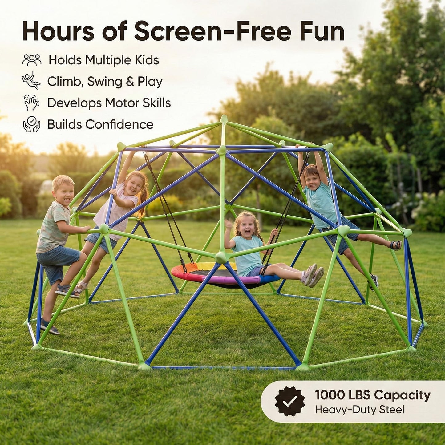 TABU 10FT Climbing Dome with Saucer Swing, Outdoor Dome Climber Supports 1000LBS, Rust-Resistant Jungle Gym Playground for Backyard & Patio, Easy Asssembly, for Ages 3-10