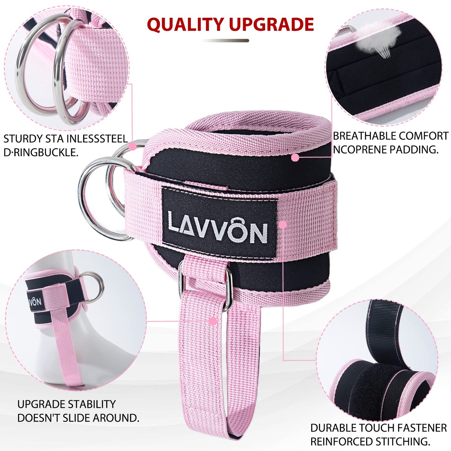 LAVVON Ankle Straps for Cable Machines Kickbacks - Adjustable Comfort Ankle Cable Attachments for Gym Ankle Cuff Cable Machine Glute Kickback Straps - Leg Extensions, Curls & Ankle Cuffs Women