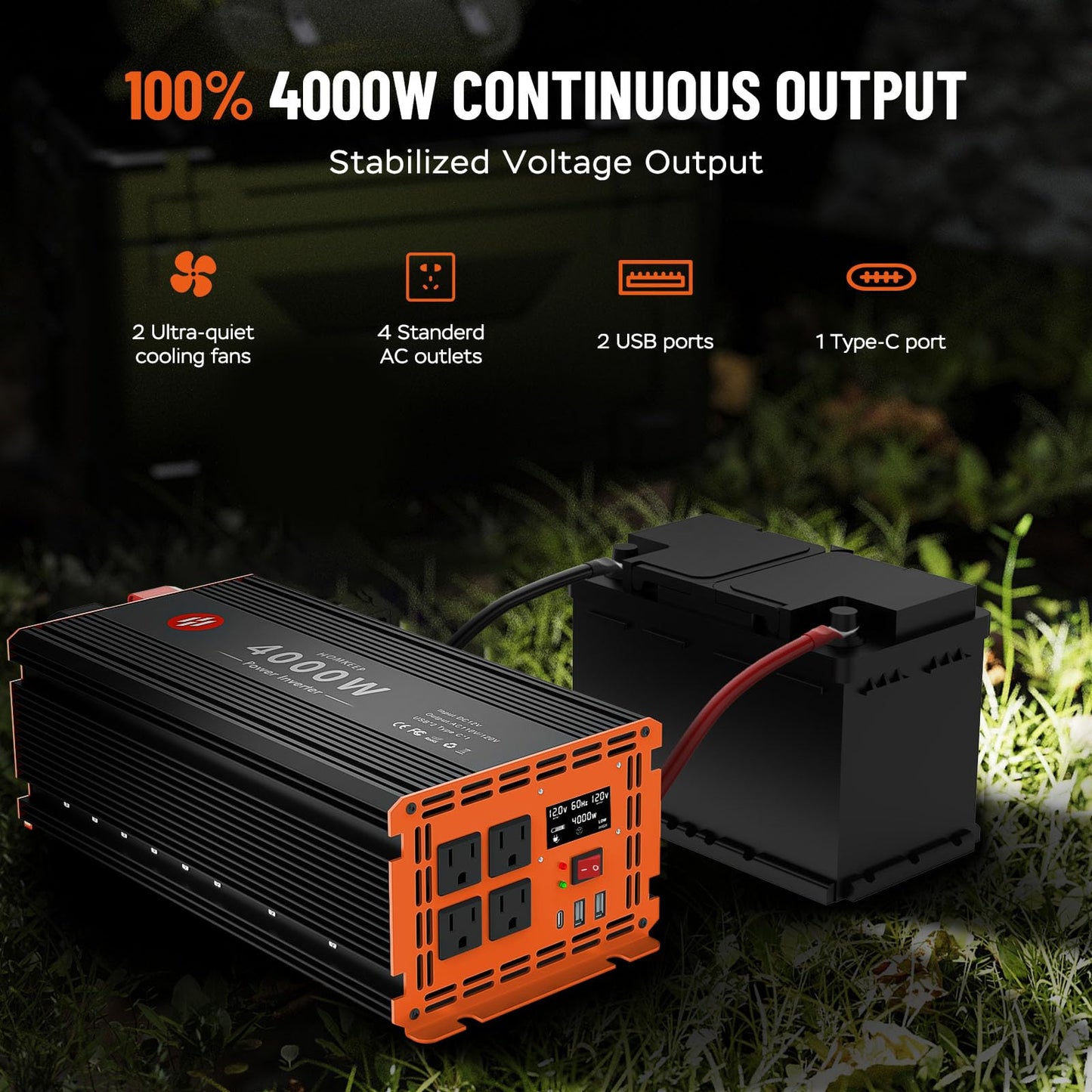 4000 Watt Power Inverter 12V DC to 110V/120V AC Converter Peak Power 8000W Car Inverter with LCD Display 4 AC Outlets, 2 USB & Type-C Port for RV,Truck,Off-Grid Solar System with Remote Controller