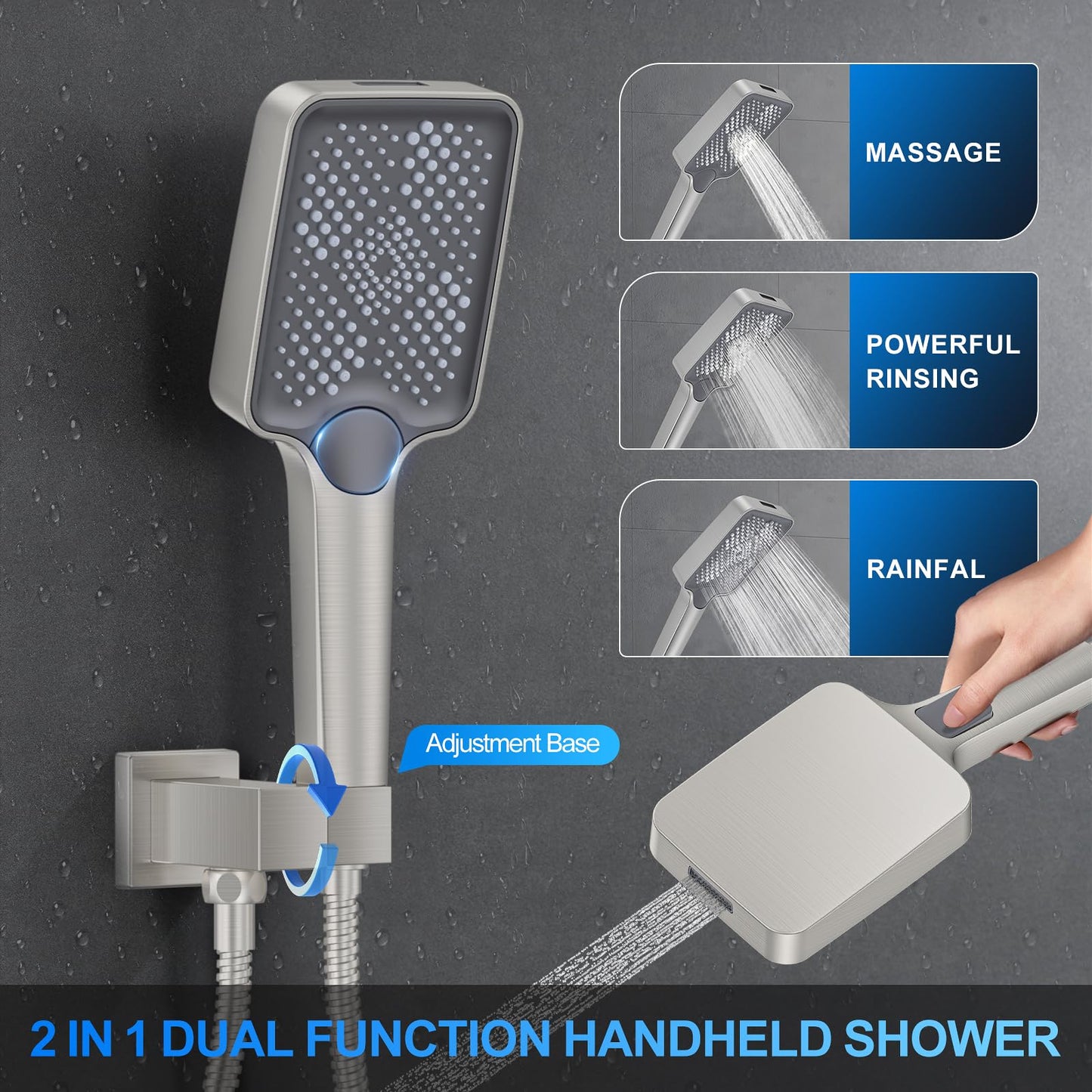 Shower Faucet Set, 12" Ceiling Mount Rainfall Shower System with 2 Rain Shower Head and Multi-function Handheld Head Push Button Diverter Shower Faucet Trim Kit (12", Brushed Nickel)