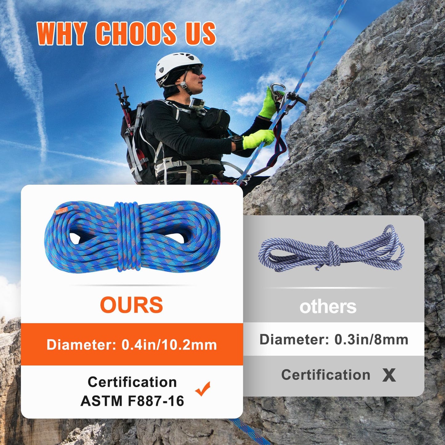VEVOR 10.2mm Dynamic Climbing Rope, 40M(131ft) Outdoor Rock Climbing Rope 25KN Breaking Tension, Stretchable Fiber Rope with Steel Snap Hooks for Escape, Rappelling, Fire Rescue, Blue