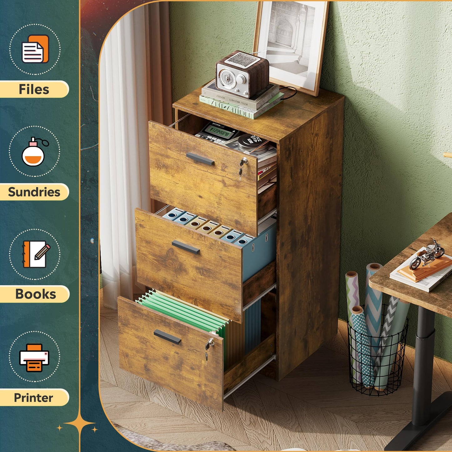 DEVAISE 3 Drawer File Cabinet with Lock, Vertical Wood Filing Cabinet for Office Storage, Printer Stand for Filing Cabinets for Home Office, Rustic Brown